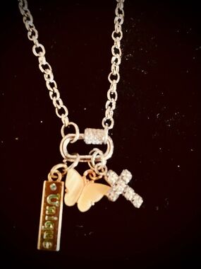 Unique carabiner Gold-Tone Butterfly, Cross & 'Unique' Tag Charm Necklace